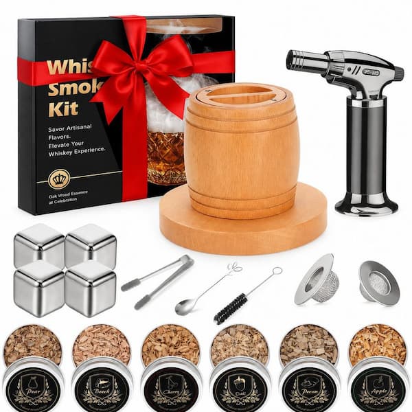 1-Piece Brown Wood Beechwood Cocktail Smoker Kit Kitchen Bar Tool with Torch and 6 Wood Chips for Whiskey