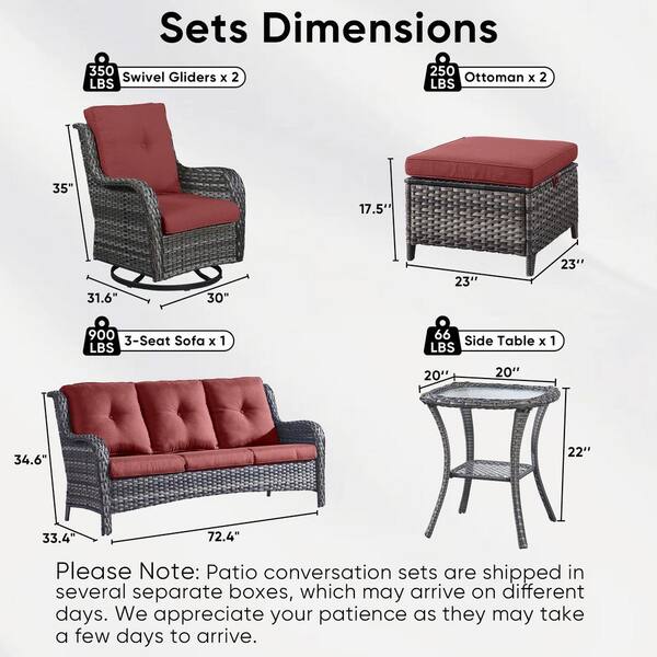 6-Piece Gray Wicker Patio Conversation Set with Olefin Red Cushions and Swivel Glider Chairs/Couch