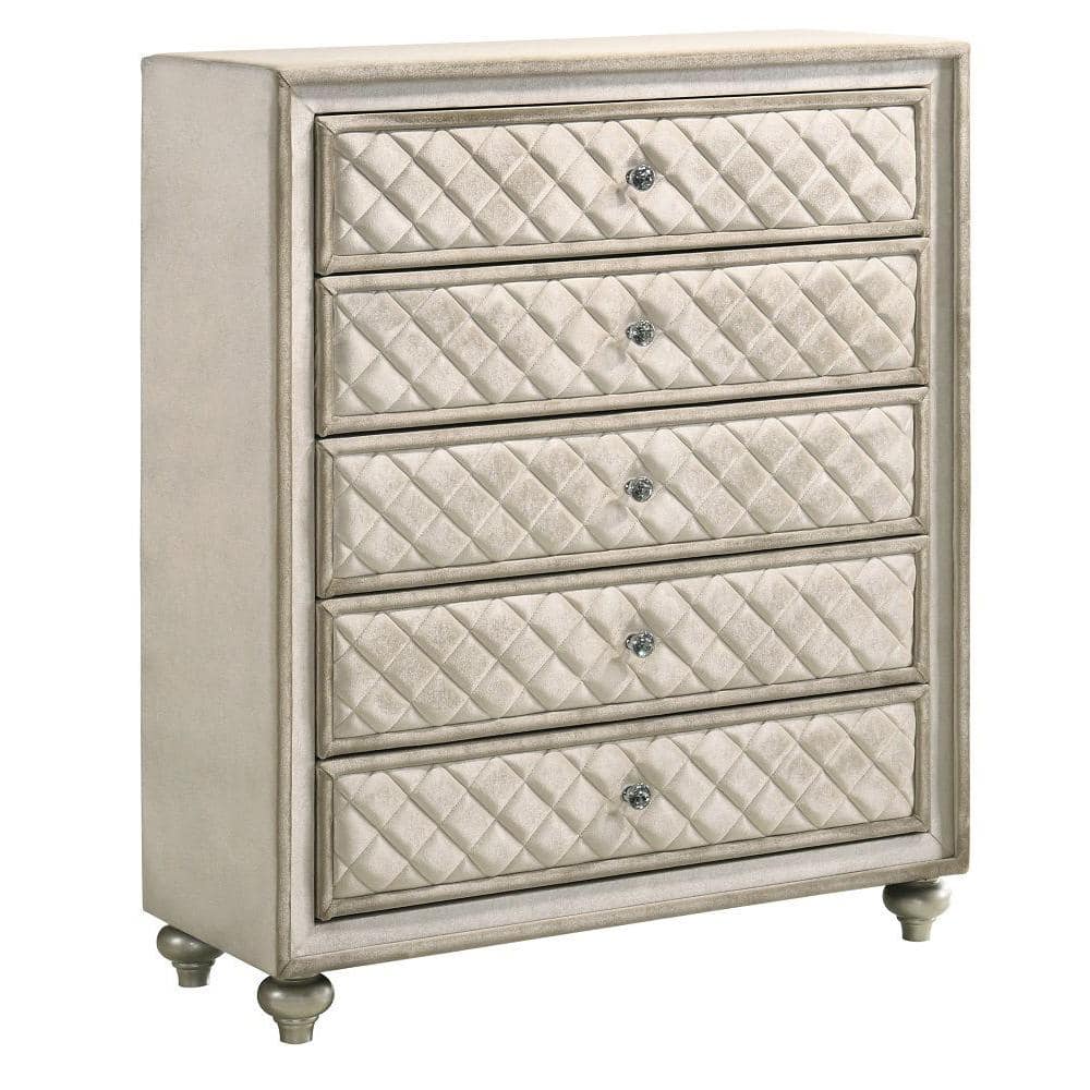 Front view of a beige velvet 5-drawer chest with quilted detailing.