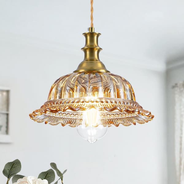 Rayhome 9.84in. 1-Light Brass Vintage Adjustable Pendant Light w/ Amber Floral Glass Shade for KitchenIsland Living Room