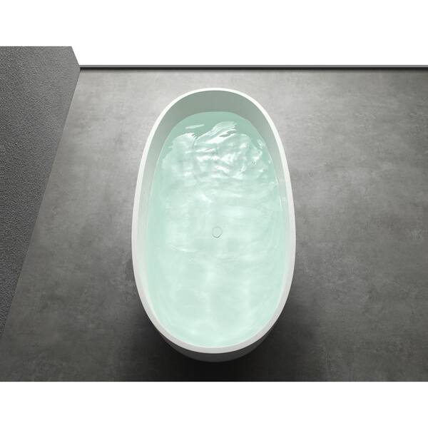 65 in. Stone Resin Flatbottom Solid Surface Freestanding Not Whirlpool Soaking Bathtub in White with Drain