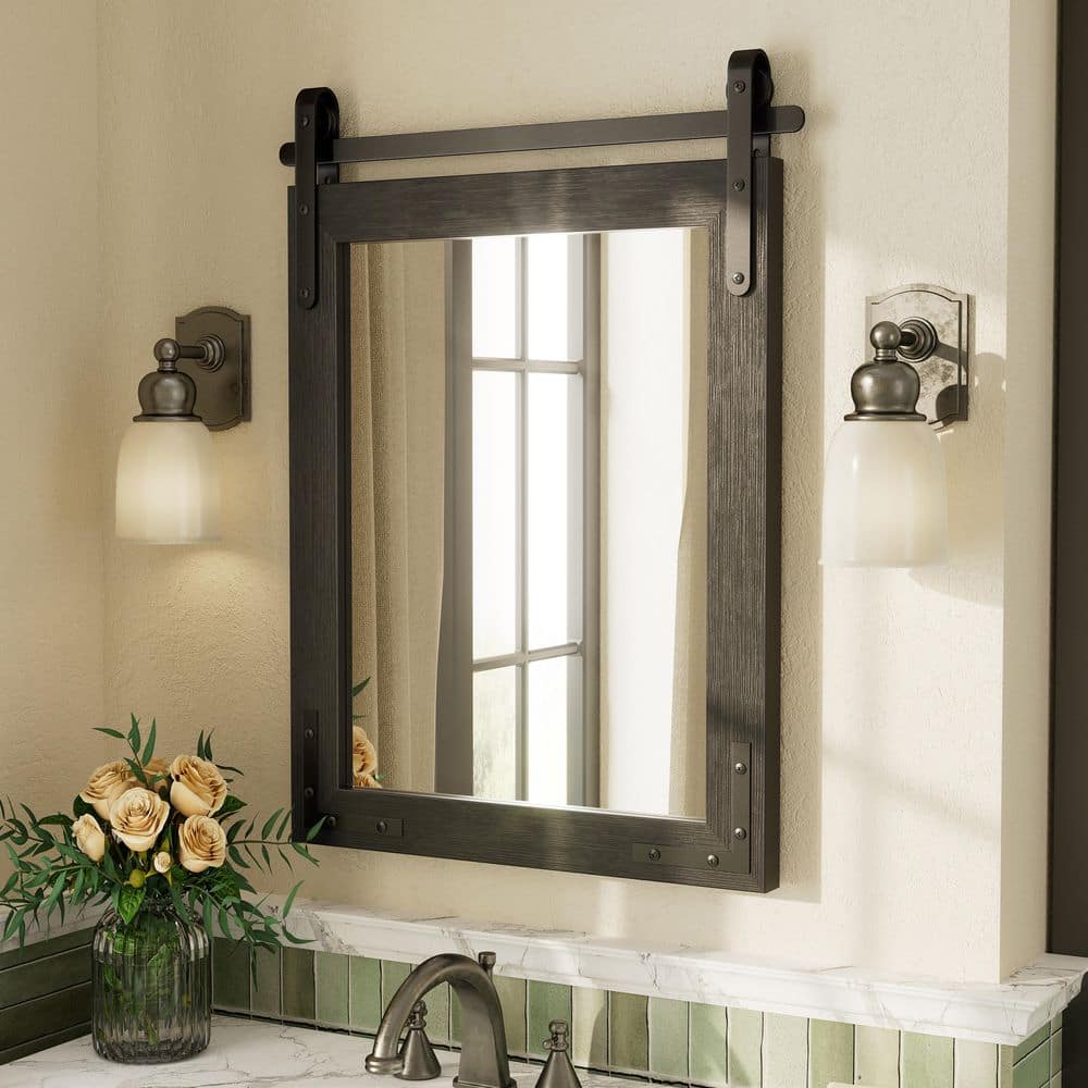 24 in. W x 32 in. H Rectangular Rustic Farmhouse Solid Wood Framed & Tempered Glass Wall Bathroom Vanity Mirror in Black price history on PriceWatchPro