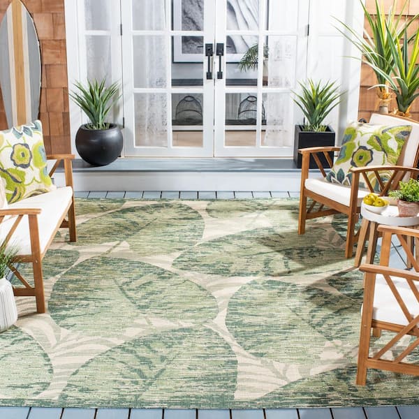 Courtyard Beige/Green 9 ft. x 12 ft. Border Leaf Indoor/Outdoor Patio  Area Rug