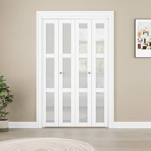 56 in. x 80 in. Solid Core Primed 3-Lite White Tempered Frosted Glass Wood Closet Bi-Fold Door with Hardware
