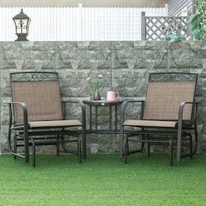 Brown Metal Outdoor Glider Chairs Patio 2-Seat Rocking Chair with Breathable Mesh Fabric and Coffee Table