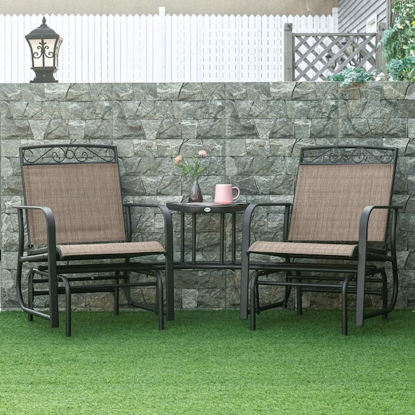 Unbranded Brown Metal Outdoor Glider Chairs Patio 2-Seat Rocking Chair with Breathable Mesh Fabric and Coffee Table