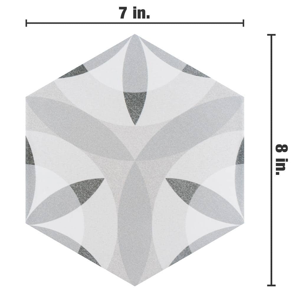 Hexatile 7"x 8" Gray Porcelain Patterned Wall & Floor Tile