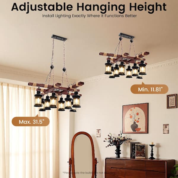 OUKANING 39 in. 8-Light Vintage Industrial Brown Wooden Farmhouse
