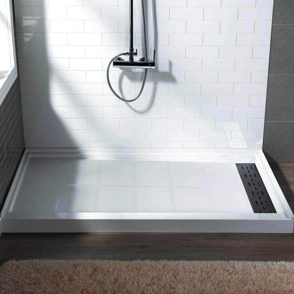 60" x 36" White Solid Surface Shower Pan Base with Oil Rubbed Bronze Drain Cover