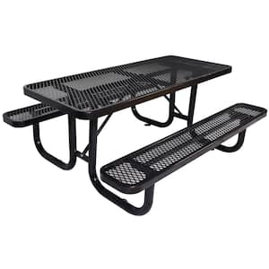 6 ft. Black Rectangular Metal Outdoor Picnic Table with Umbrella Hole