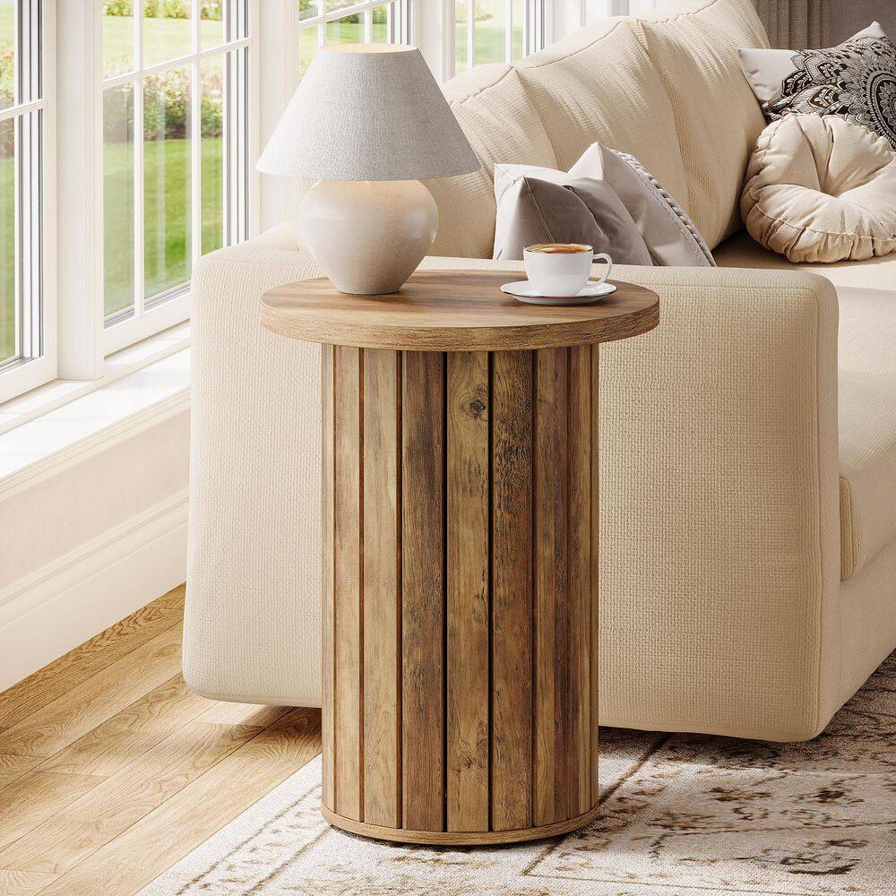 Kerlin 19.7 in. Brown Side Table, Round Wood End Table with Cylindrical Pedestal, Couch Side Table Table for Small Space