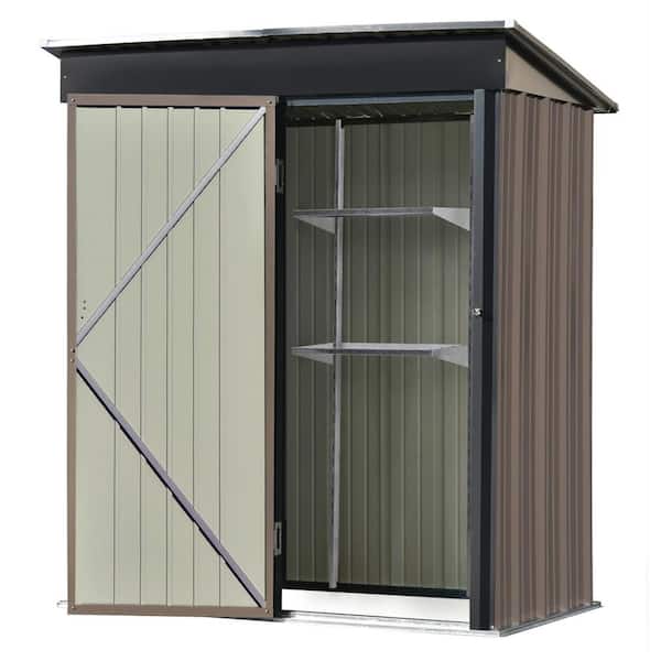 Zeus & Ruta 5 ft. W x 3 ft. D Brown Metal Lean-To Storage Shed with Adjustable Shelf and Lockable Door for Backyard, 15 sq. ft.