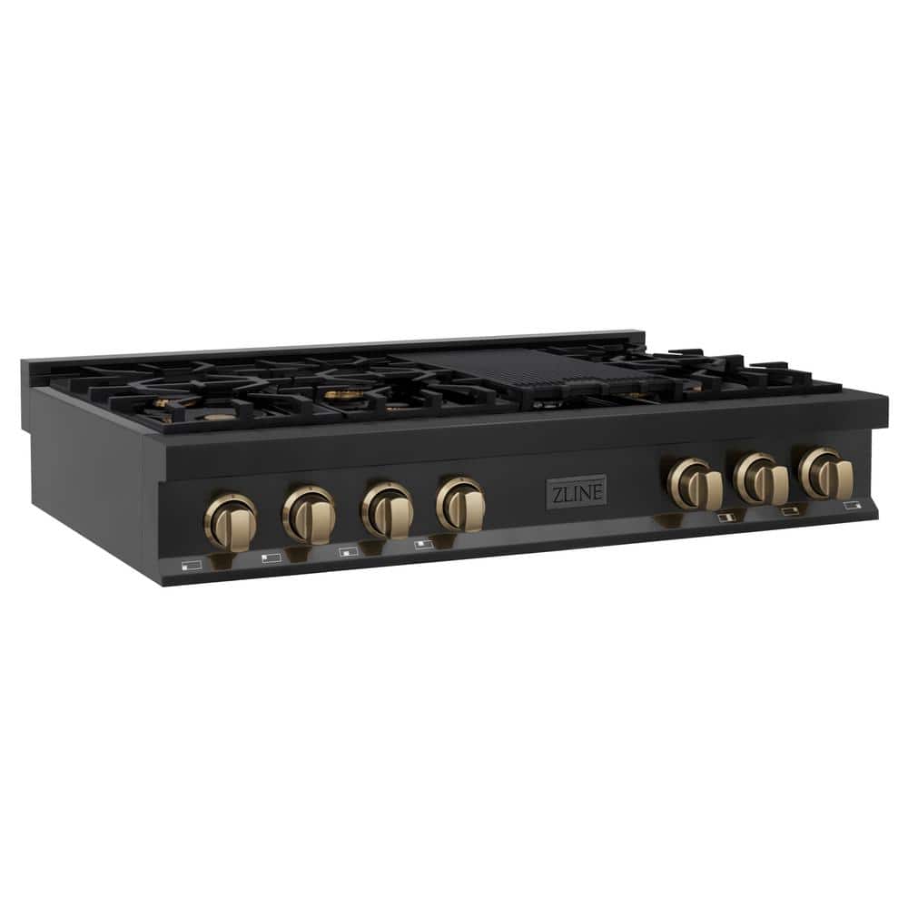 ZLINE Kitchen and Bath Autograph Edition 48 in. 7 Burner Front Control Gas Cooktop with Champagne Bronze Knobs in Black Stainless Steel, Black Stainless Steel & Champagne Bronze