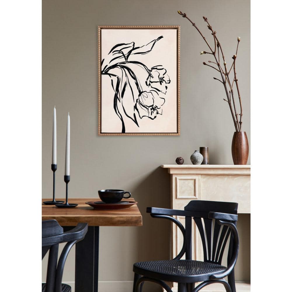 18"x24" Gold Beaded Frame Black Floral Canvas Art