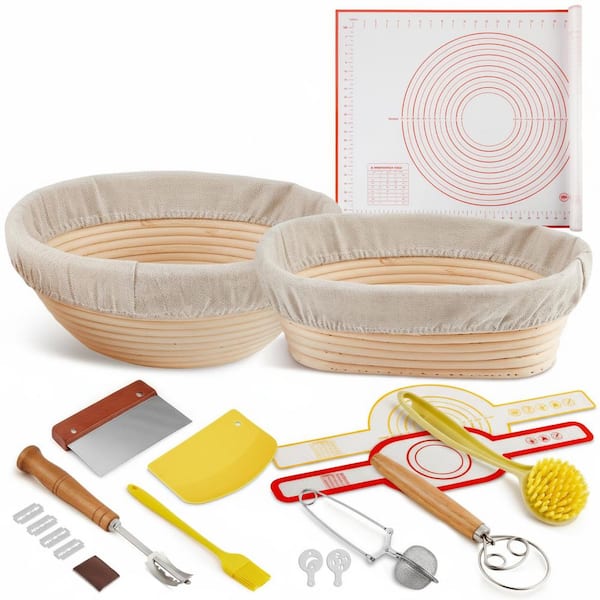 Sourdough Starter Kit with 9 in. Round 10 in. Oval Banneton Basket 2 Bread Slings 27 x 19 in. Baking Mat Dough Tools Set