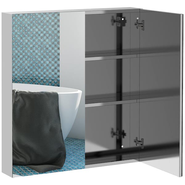 WELLFOR 24 in. W x 26 in. H Rectangular Stainless Steel Wall Mounted Medicine Cabinet with Mirror in Silver with Double Doors
