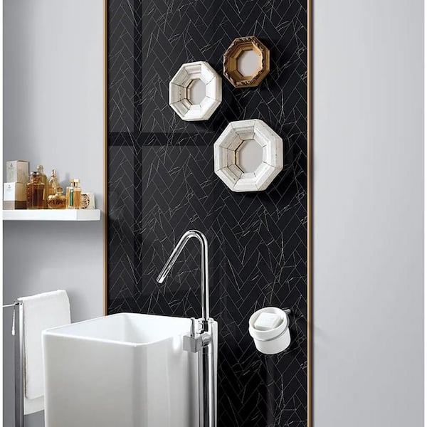 Veneto 11.1" x 12.36" Polished Black Marquina Porcelain Herringbone Wall and Floor Tile 4.76 sq. ft./Case - 5 Sheets