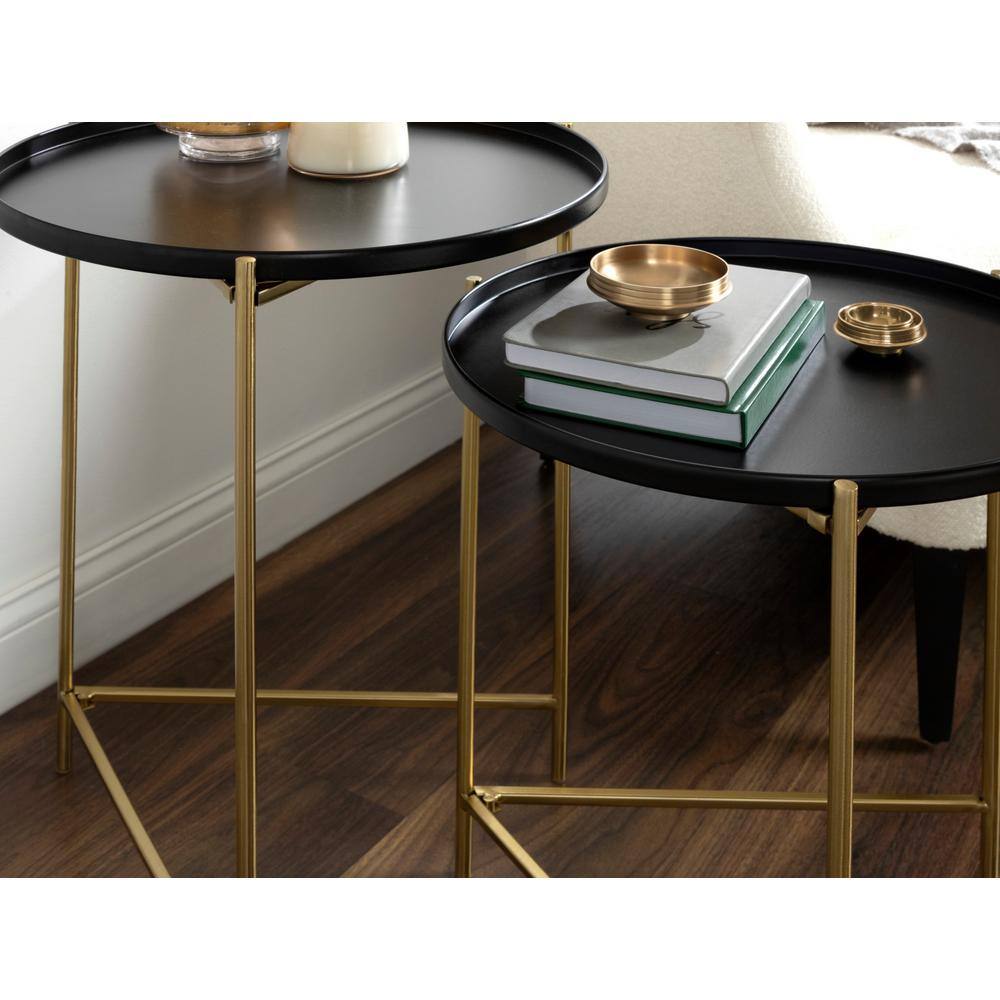 Ulani Modern Black and Gold Round Metal Nesting Side Table Set of 2