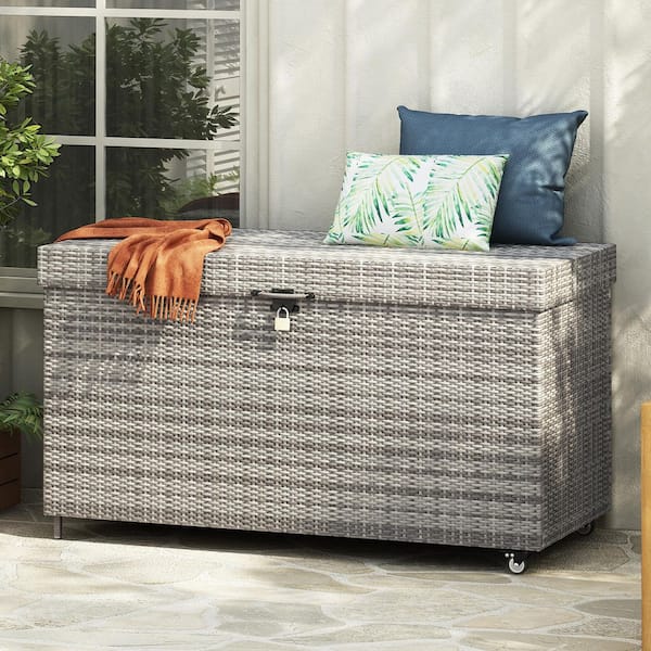 Harper & Bright Designs 200 Gal. Gray Wicker Deck Box with Wheels, All-Weather Outdoor Rattan Box, Storage Bin for Patio Furniture