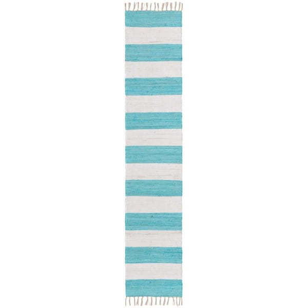 Unique Loom Chindi Rag Striped Turquoise and Ivory 2 ft. 7 in. x 10 ft. Area Rug