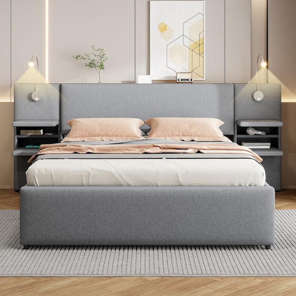 Gray Wood Frame Queen Platform Bed with Reading Lights, Drawers, Trundle and Shelves