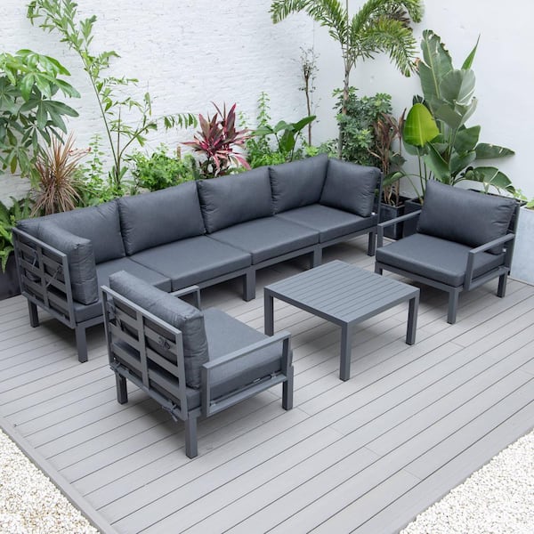 Leisuremod Hamilton 7-Piece Aluminum Modular Outdoor Patio Conversation Seating Set With Coffee Table & Cushions in Black