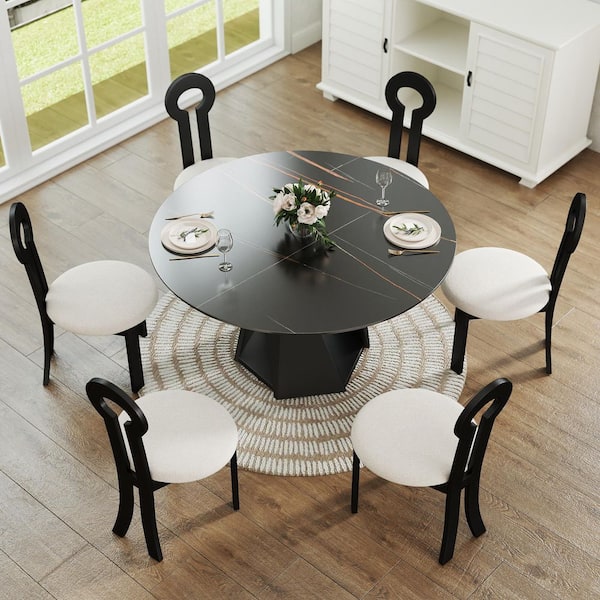 53 in. Black Round Sintered Stone Tabletop Black Pedestal Base Kitchen Dining Table (Seats 6)