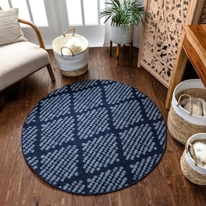 Loop-De-Loop Arbor Dark Blue Moroccan Trellis 3 ft. 11 in. Round Flatweave Area Rug