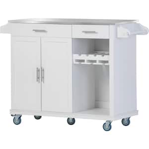 Stainless Steel Top White 51 in. W x 18 in. D x 36.6 in. H Kitchen Island on 5 Wheels with Goblet Holder and Wine Rack