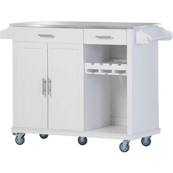 Unbranded Stainless Steel Top White 51 in. W x 18 in. D x 36.6 in. H Kitchen Island on 5 Wheels with Goblet Holder and Wine Rack