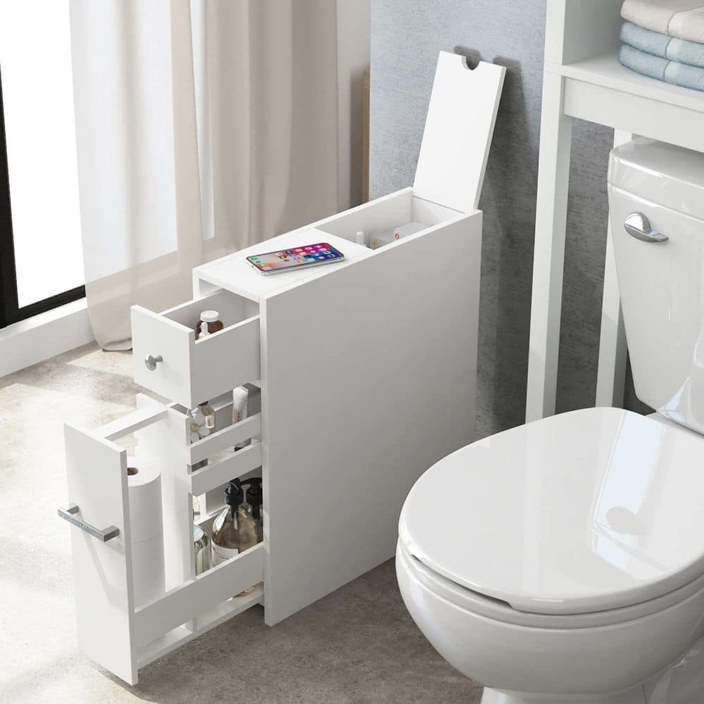 White Slim Bathroom Storage Cabinet with Slide Out Drawer