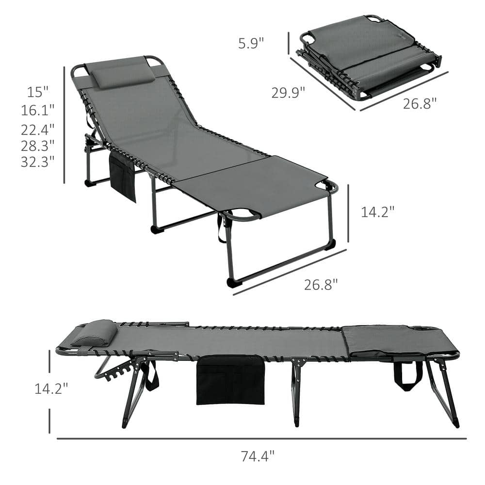 Gray Mesh Folding Outdoor Chaise Lounge with Reclining Backrest