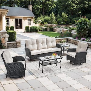 Rotavia Black 5-Piece Wicker Patio Conversation Set with Swivel Rockers, Outdoor Sofa Seating Set with Beige Cushions