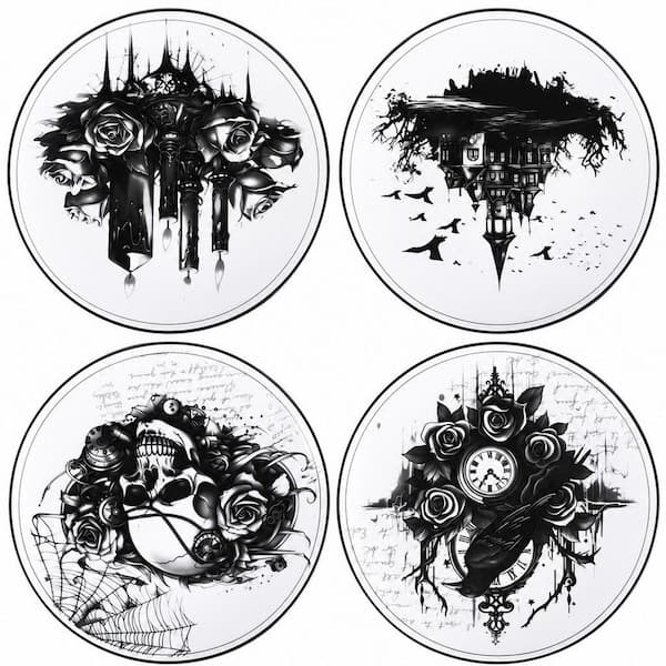 4-Piece Halloween Gothic Ceramic Plates, Skull Dinner Plates, Kitchen Decoration Spooky Gift for Home Decorative