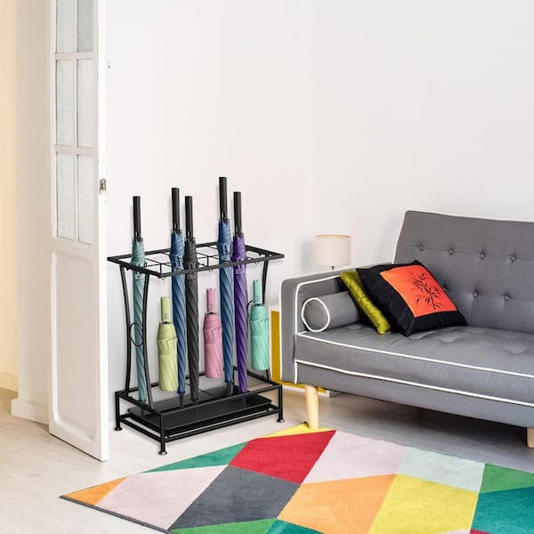 Industrial Black Metal Umbrella Stand with Removable Drip Tray 10 Slots 8-Hooks Organizer for Entryway Office