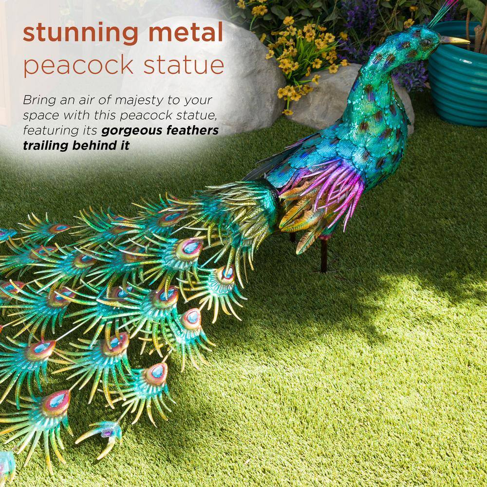 Jumbo Size Blue and Green Iron Peacock Garden Statue