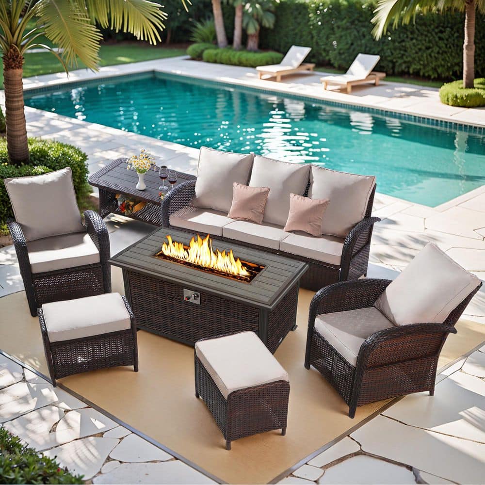 6 Pieces Wicker Patio Conversation Set with 48inch Fire Pit Table, Khaki Cushions and Furniture Cover price history on PriceWatchPro