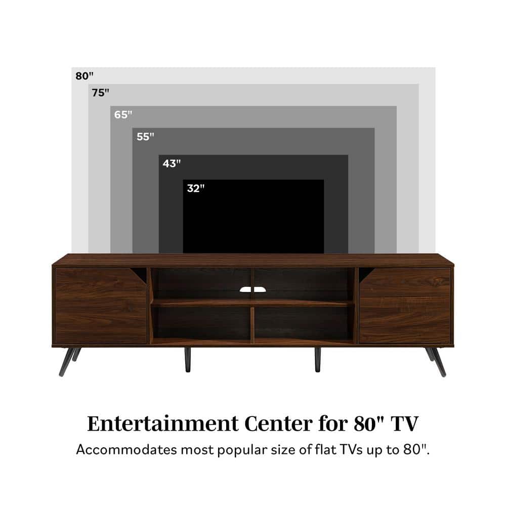 70" Dark Walnut Wood TV Stand with Cabinet and Shelves
