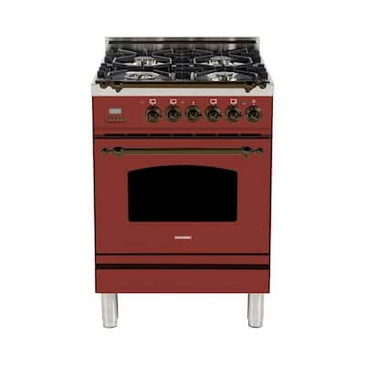 24 in. 2.4 cu. ft. Single Oven Italian Gas Range with True Convection 4 Burners, Bronze Trim in Burgundy
