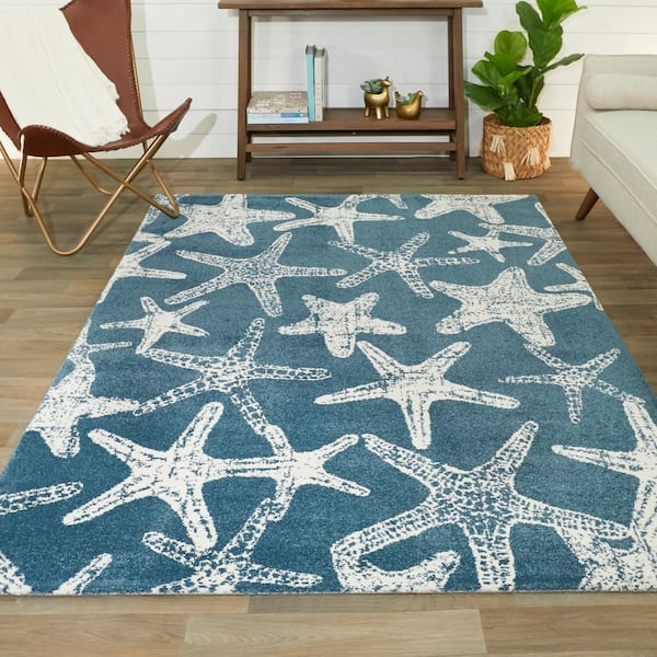 Leyton Blue/White 8 ft. x 10 ft. Starfish Print Area Rug