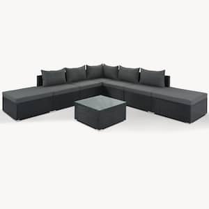 Black 8-Pieces Wicker Patio Conversation Sofa Set with Gray Cushions Coffee Table ottomans for Garden