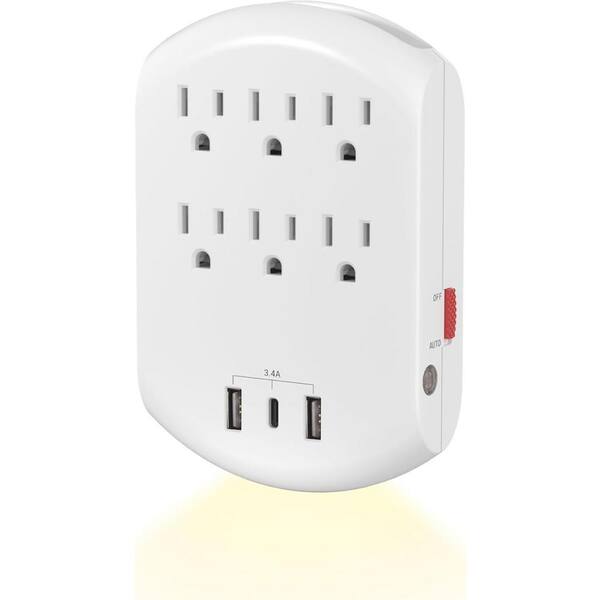 6-Outlet Multi-Plug Extender Dusk-to-Dawn Sensor Night Light with USB Port & Top Phone Holder in White