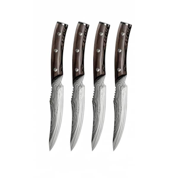 4-Piece 4.8 in. Carbon Steel Japanese Steak Knife Set with Wooden Handle, Non-Serrated and Pattern Full Tang Design