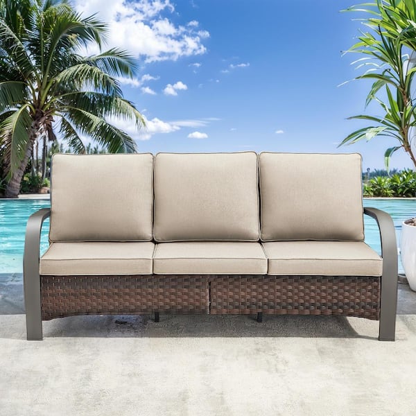 Pocassy Iron Bend Series 3 Seat Brown Wicker Outdoor Patio Sofa Couch with Beige Cushions PJTZB13 2 The Home Depot