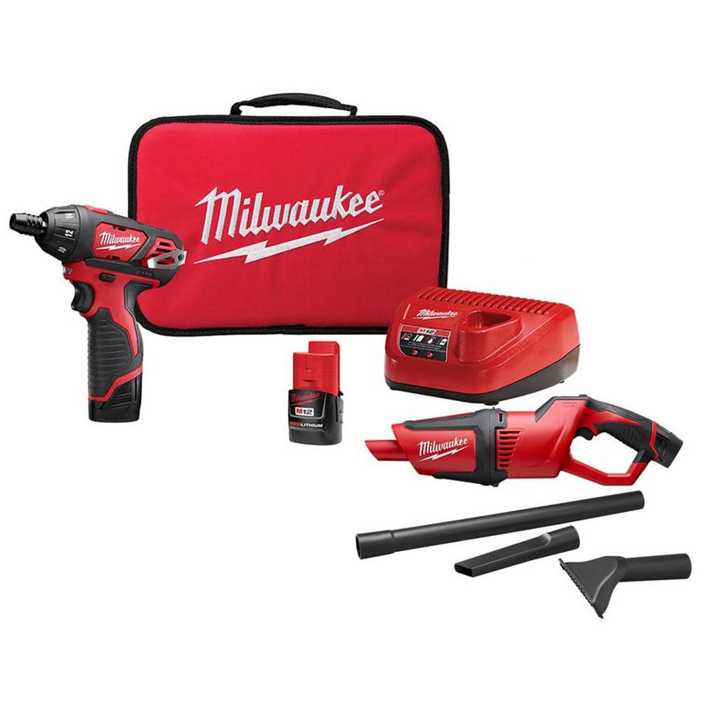 Milwaukee M12 12V Lithium-Ion Cordless 1/4 in. Hex Screwdriver Kit with M12 Lithium-Ion Cordless Compact Vacuum -  2401-22-0850-20