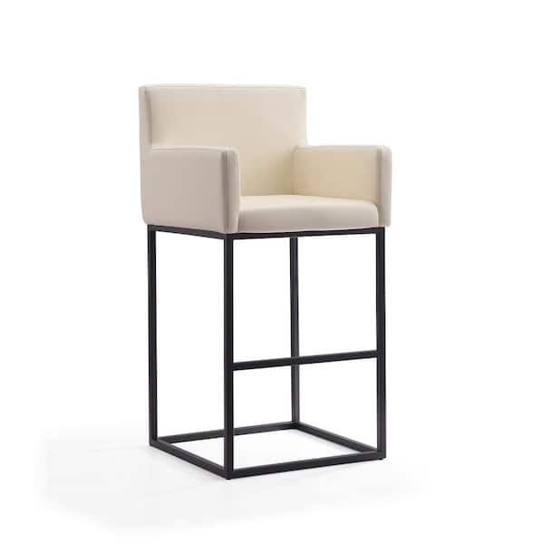 Manhattan Comfort Ambassador 30 in. Cream and Black Metal Bar Stool with Faux Leather Upholstered Seat