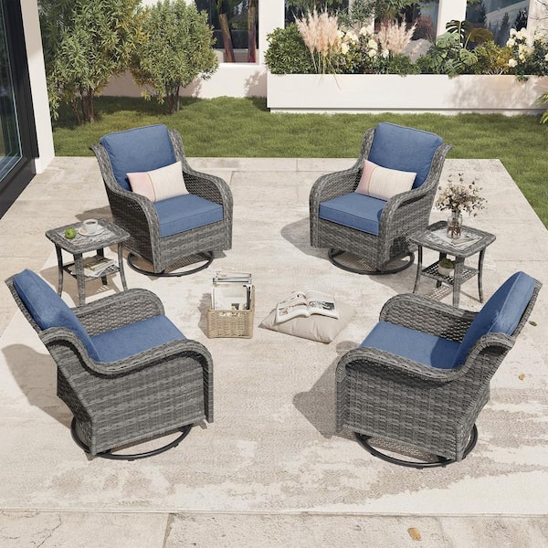 XIZZI Aditi Gray 6-Piece Wicker Patio Conversation Seating Sofa Set with Denim Blue Cushions and Swivel Rocking Chairs