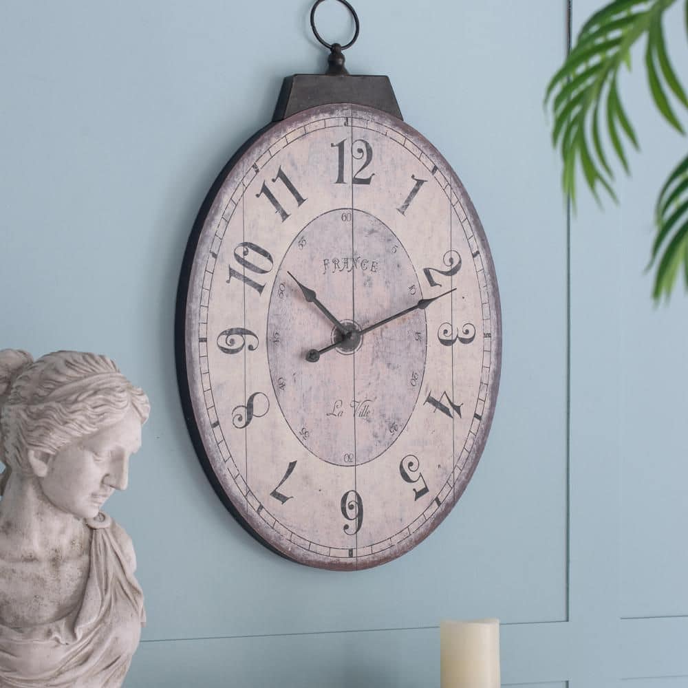 インテリア時計 antique wall clock 18 in. x 29 in. Antique White Oval Ivory Metal Work Wall Clock