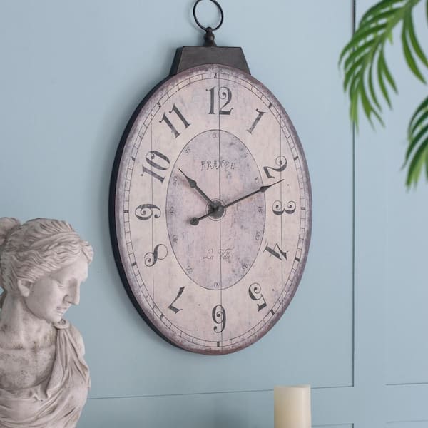 Unbranded 18 in. x 29 in. Antique White Oval Ivory Metal Work Wall Clock Traditional Vintage Home Decor Clock