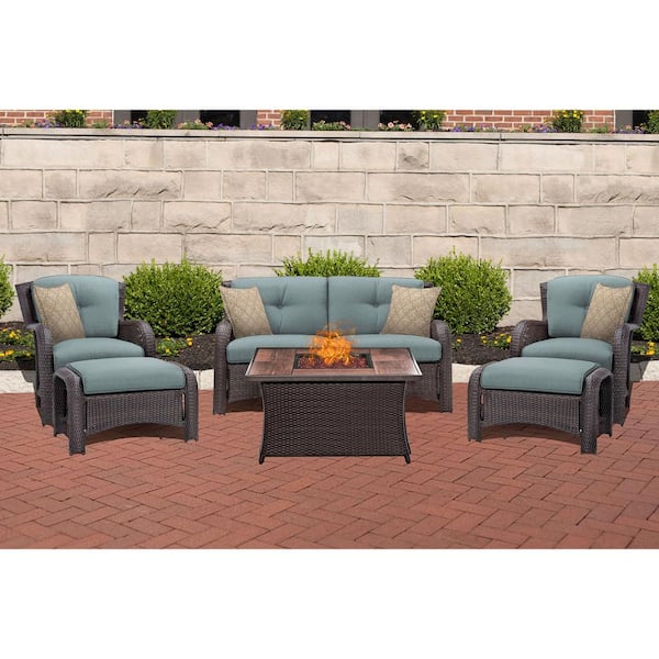 Hanover Strathmere 6-Piece Woven Patio Seating Set with Wood Grain-Top Fire Pit with Ocean Blue Cushions
